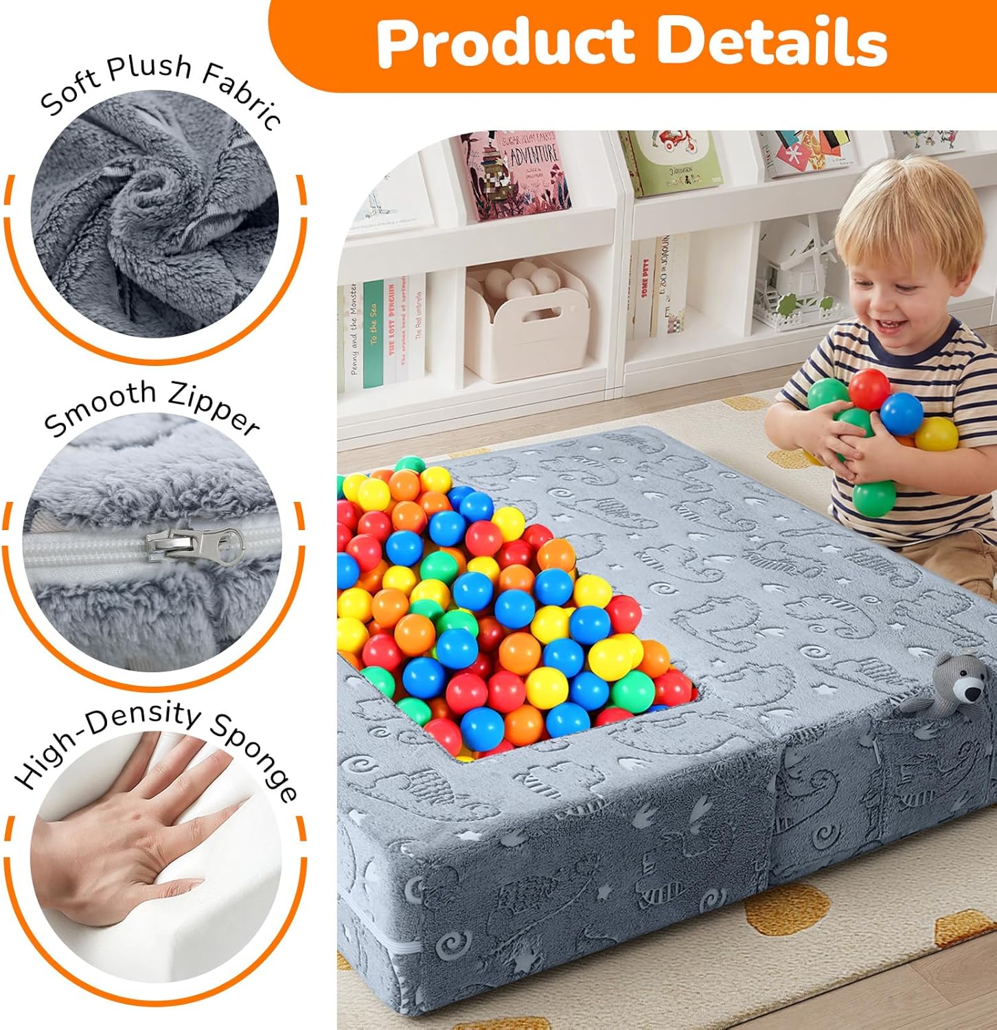 MeMoreCool Dinosaur Glow Foam Kids Play Couch Set, Gray Modular Sofa & Lounger – Glow-After-Light Dinosaur Pattern, Machine-Washable Cover