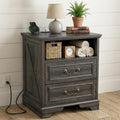 Farmhouse End Table with Charging Station, Rustic Wood Nightstand with 2 Large Drawers & Open Storage, Bedside Table with USB-C Ports for Living Room Bedroom (Gray Oak)