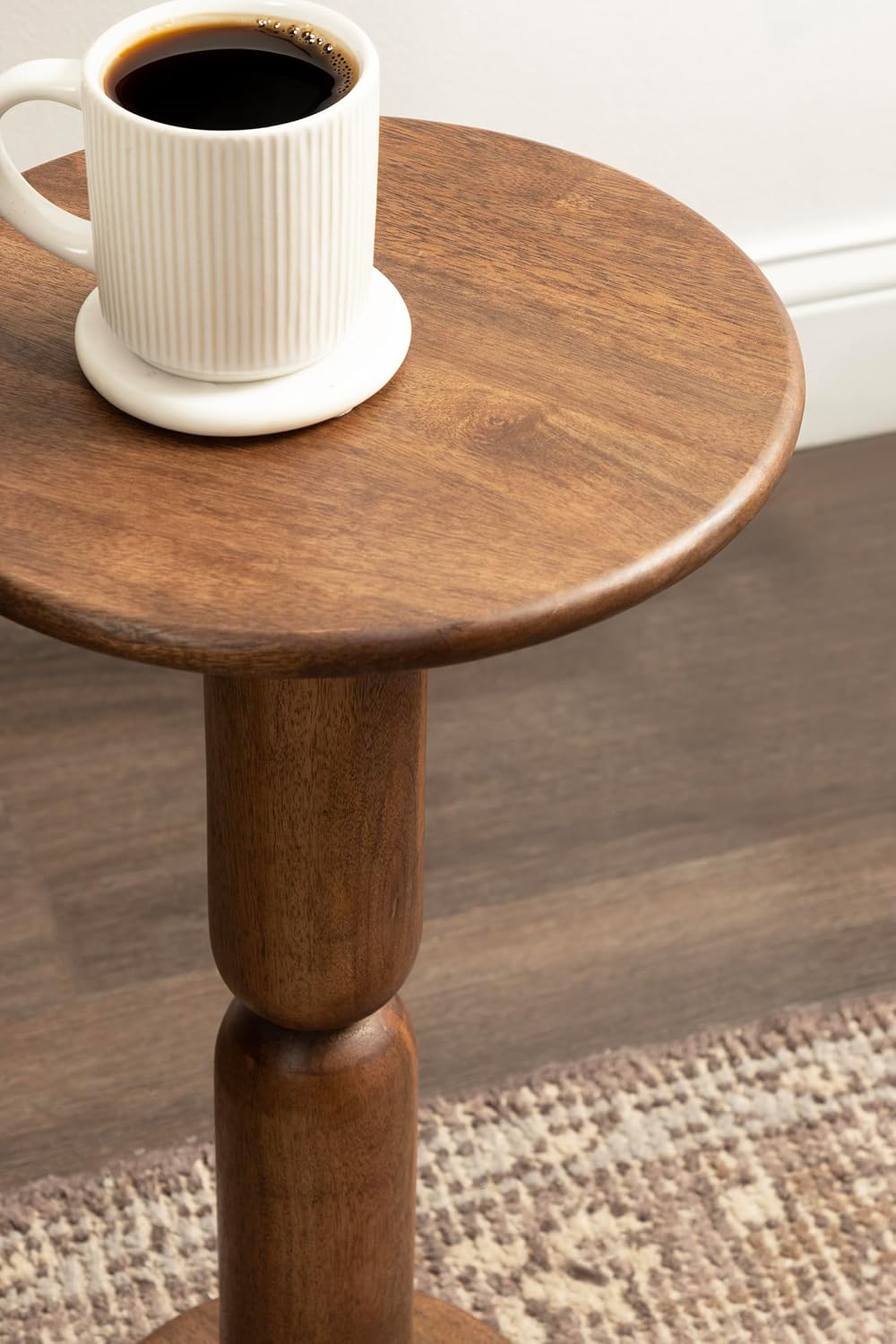 Kate and Laurel Macron Modern Mango Wood Round Side Table, 12 x 12 x 22, Walnut Brown, Transitional Wooden Pedestal Table for Use as Indoor Plant Stand or Useful Living Room End Table