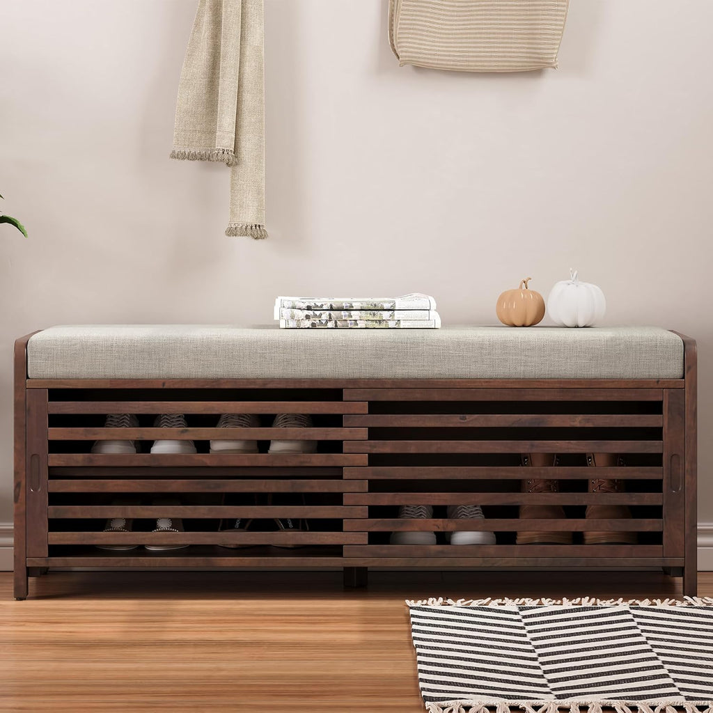 Merax Multipurpose Entryway Storage Bench with Shutter Doors, 43.3" Wooden Shoe Organizer with Upholstered Seat for Entryway, Hallway and Living Room
