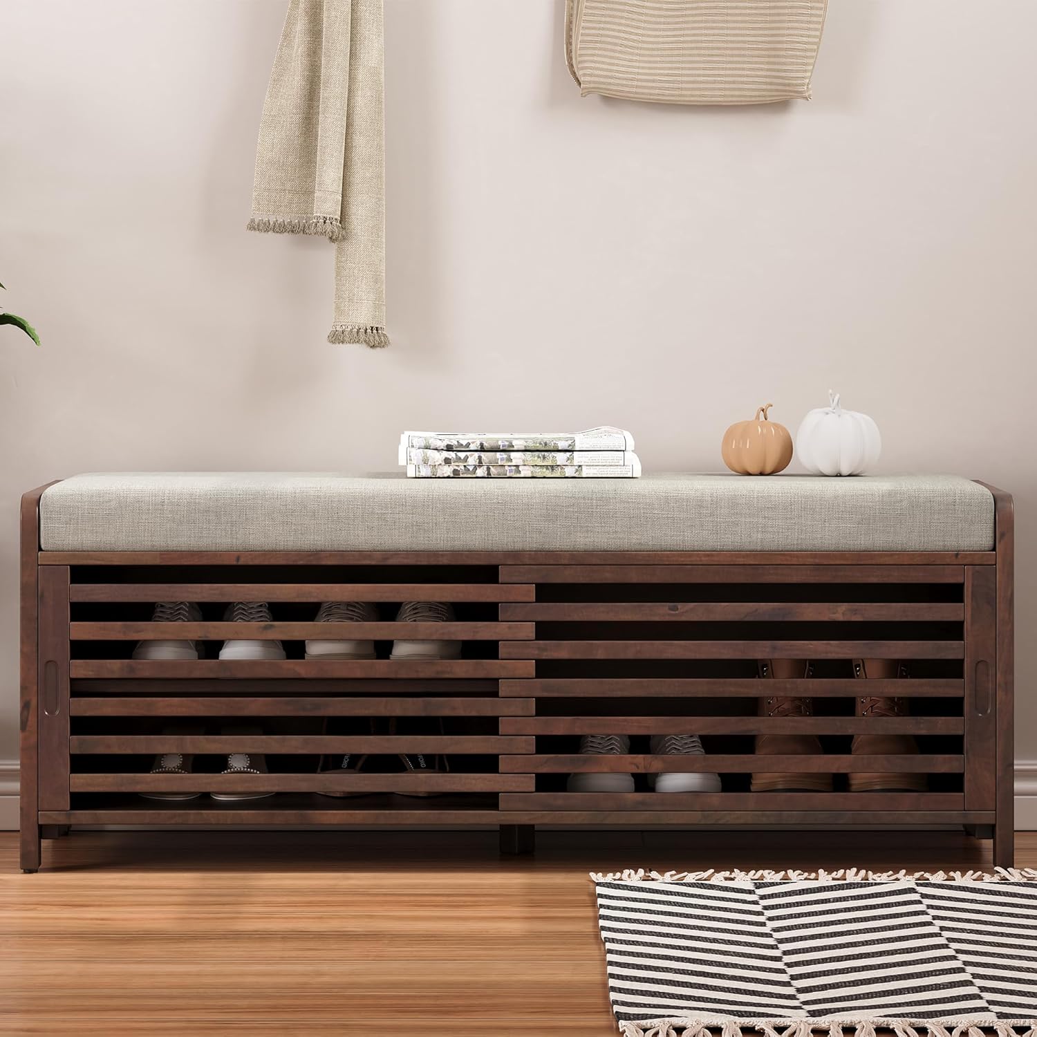 Merax Multipurpose Entryway Storage Bench with Shutter Doors, 43.3" Wooden Shoe Organizer with Upholstered Seat for Entryway, Hallway and Living Room