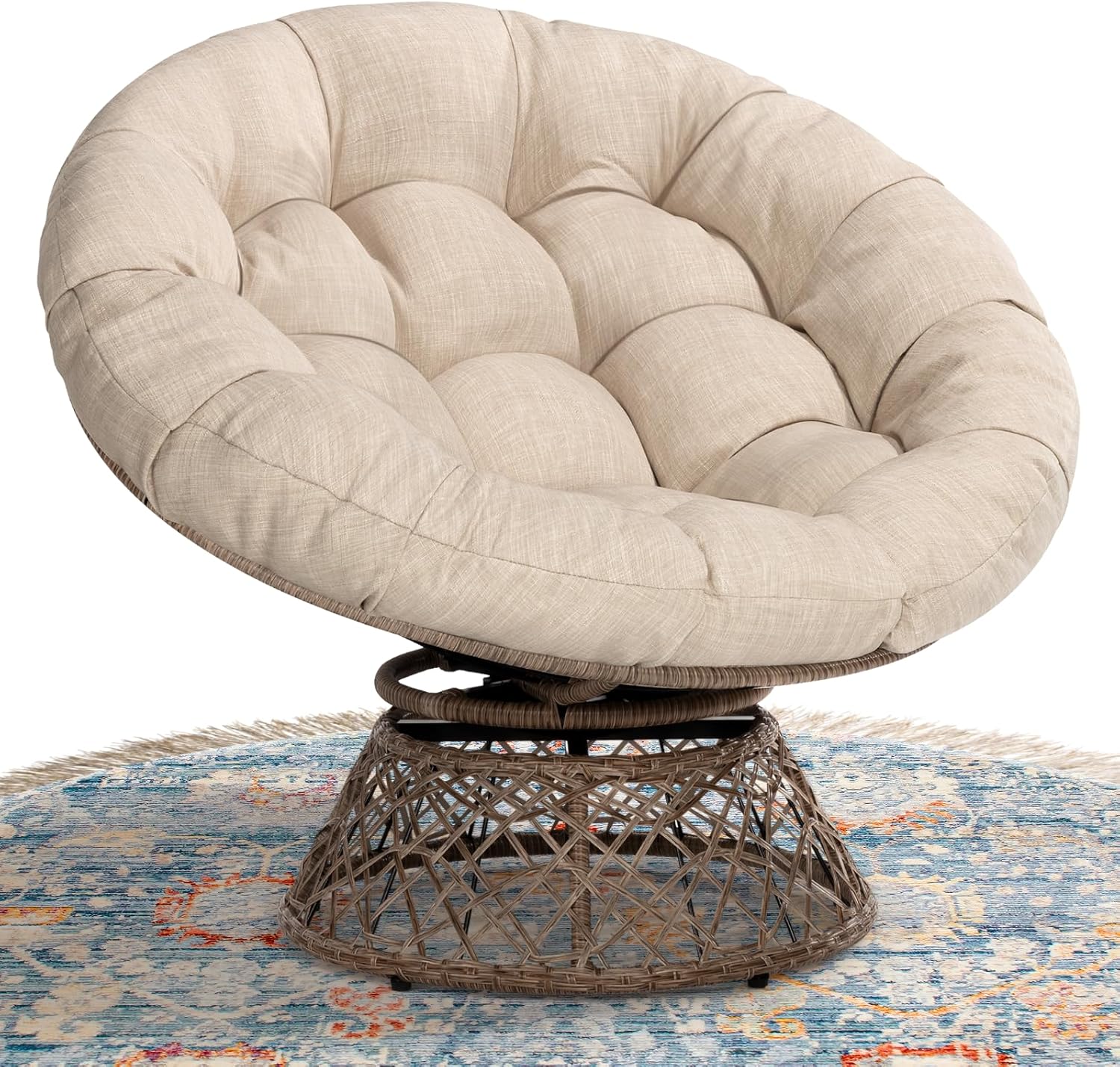 Bme 40" Ergonomic Wicker Papasan Chair with Soft Thick Density Fabric Cushion, High Capacity Steel Frame, 360 Degree Swivel for Living, Bedroom, Reading Room, Lounge, Sepia Sand - Brown Base
