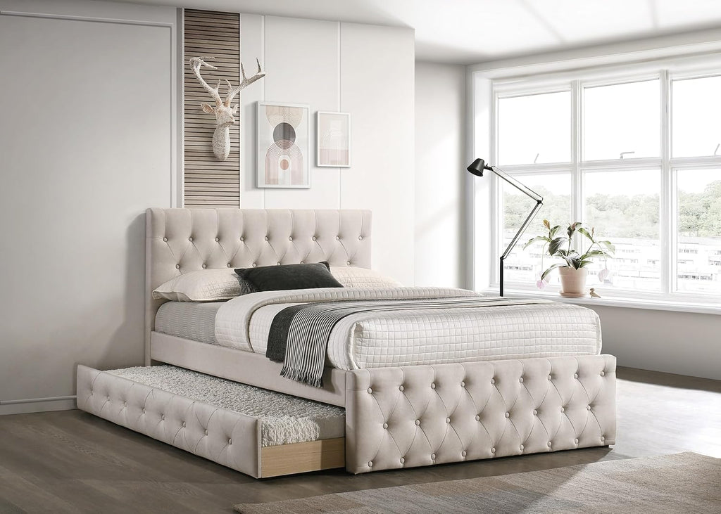 Contemporary Twin Size Bed w, Trundle Slats Light Brown Burlap Upholstered Tufted Headboard Footboard Youth Bedroom Furniture Wooden Slats 1pc Bed