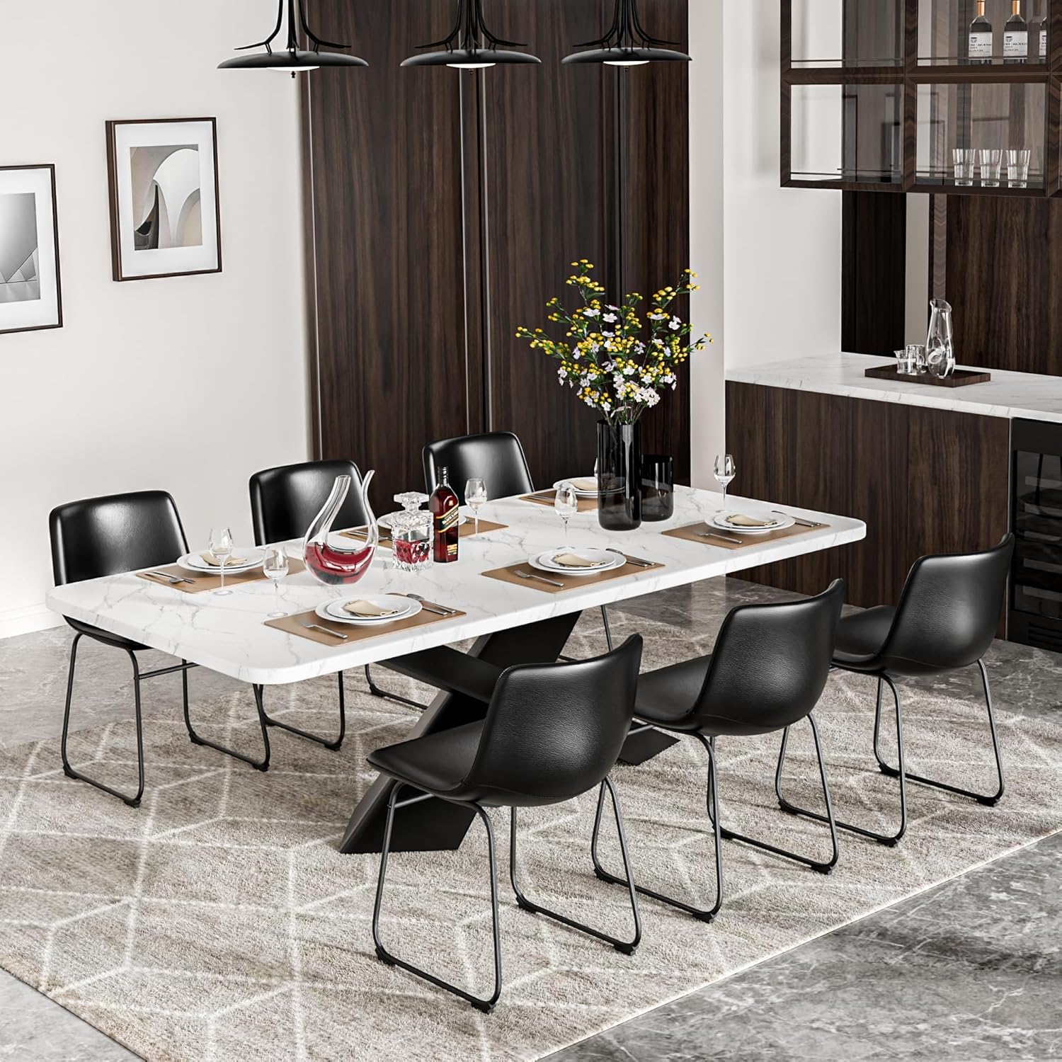 Dining Chairs Set of 6, 18 Inch Kitchen Chairs with Back, Faux Leather Armless Dining Room Chairs with Metal Legs for Home, Bistro Coffee Shops (Black)