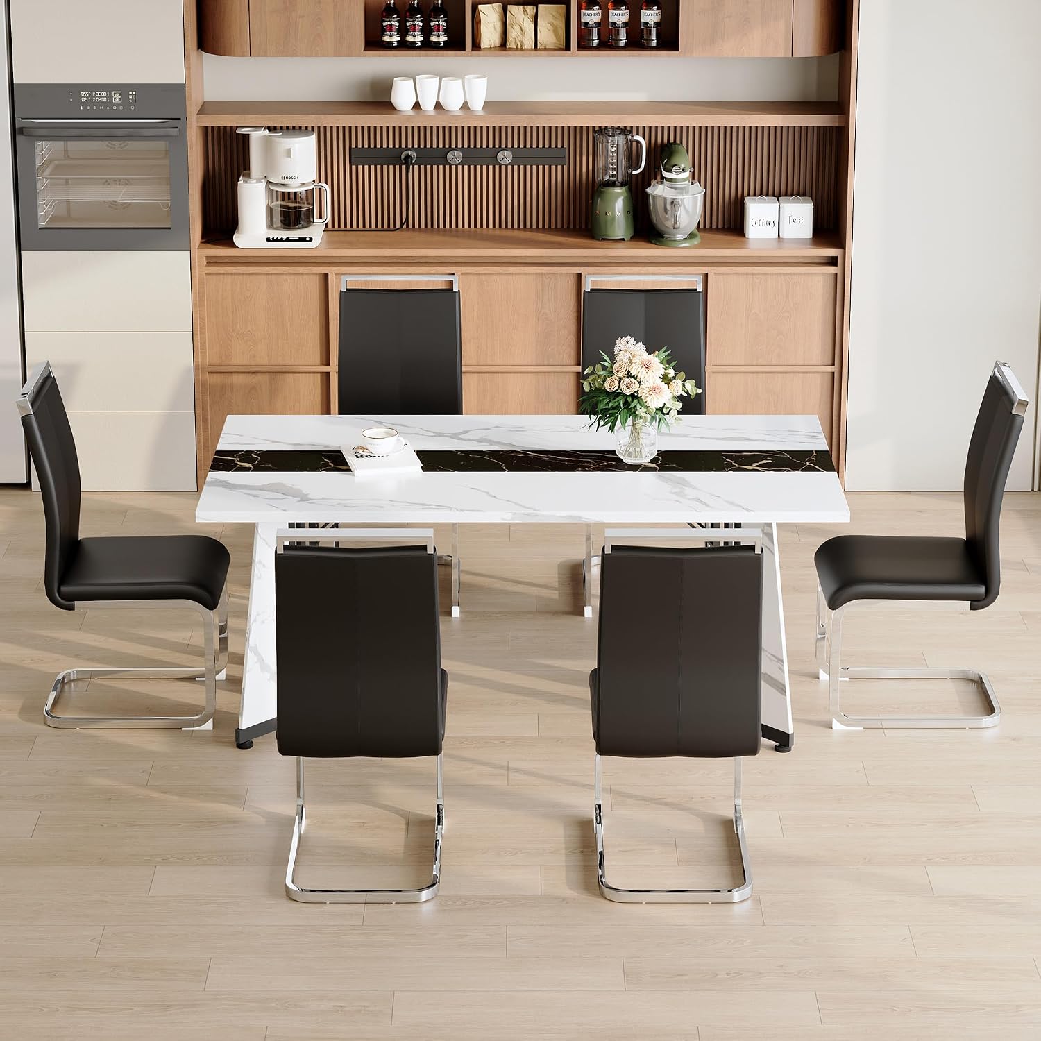 Dining Table Set for 6,White Marble 71'' Dining Room Table with Spacious legroom and Black Leather Dining Chairs,Easy Assembley,7 Pieces Kitchen Table and Chairs for Dining Room,Restaurant