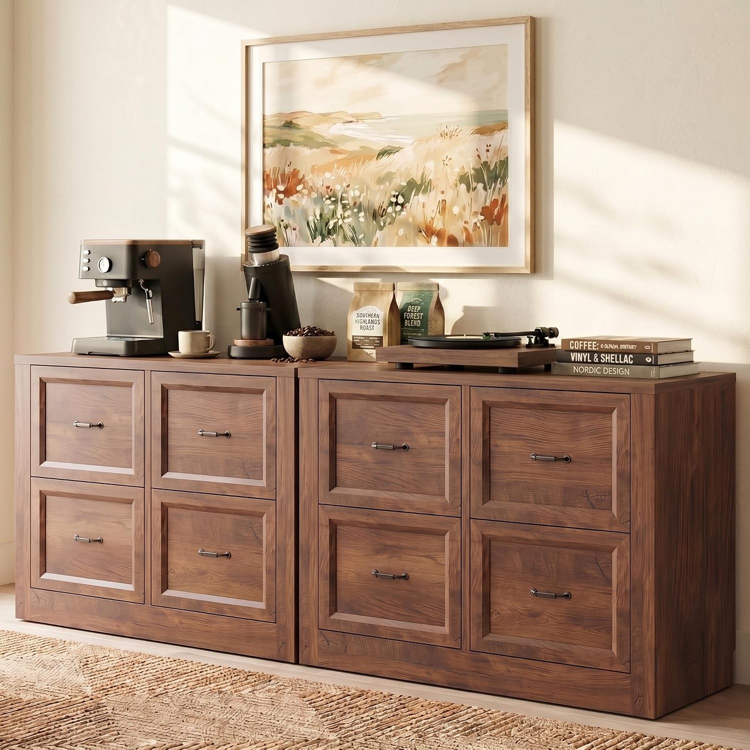 39" Sideboard Buffet Cabinet with 4 Drawers, Storage Credenza with Toe-Kick Design, Modular Cabinet System Expandable for Living Room, Entryway & Kitchen (1, Cracked Oak, 39 Inch)