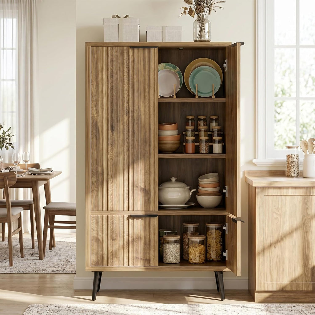 Pantry Cabinet with 4 Doors, 51.2" H Freestanding Bathroom Storage Cabinet, Adjustable Shelf & Raised Legs for Bathroom, Kitchen, Living Room, Yellow Oak