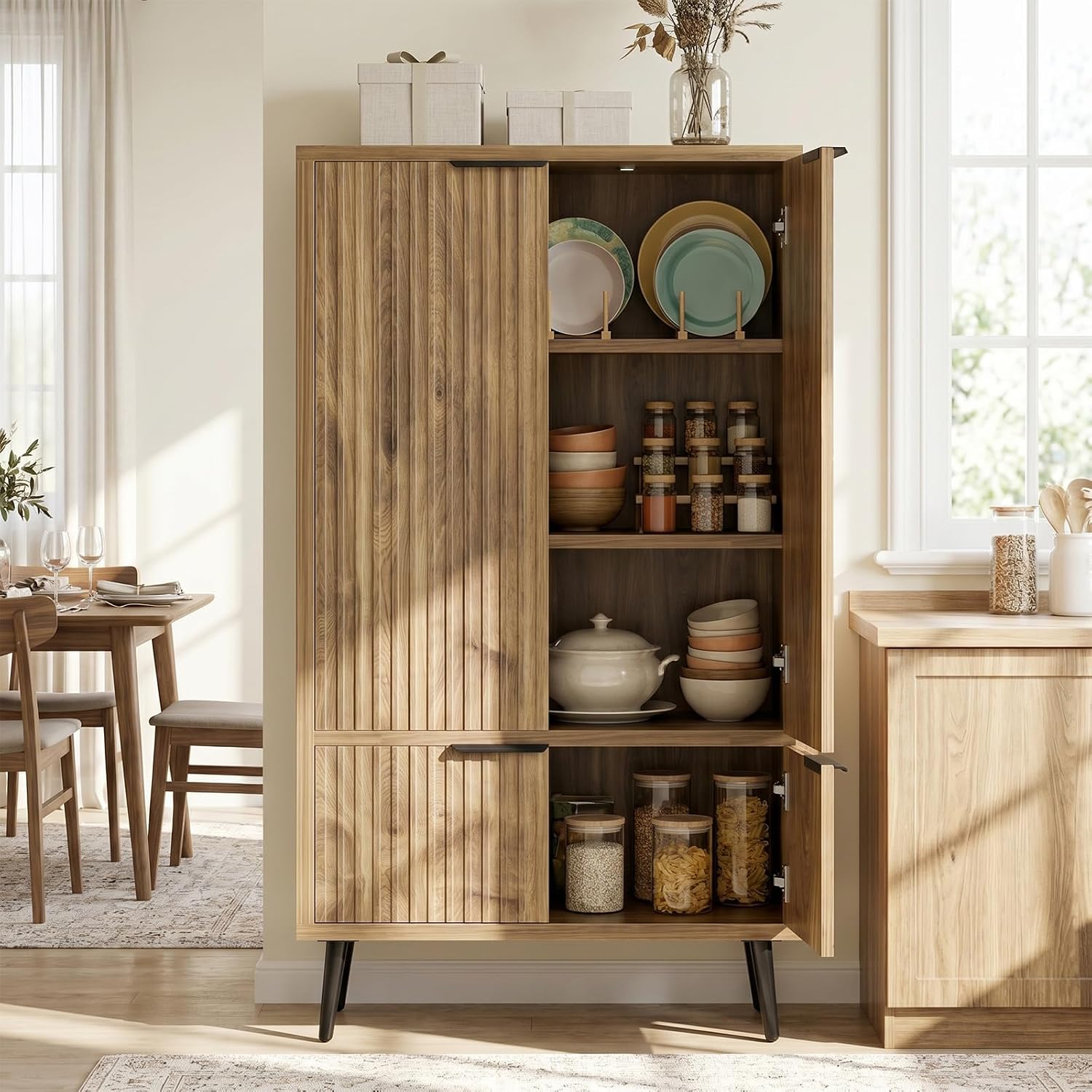 Pantry Cabinet with 4 Doors, 51.2" H Freestanding Bathroom Storage Cabinet, Adjustable Shelf & Raised Legs for Bathroom, Kitchen, Living Room, Yellow Oak