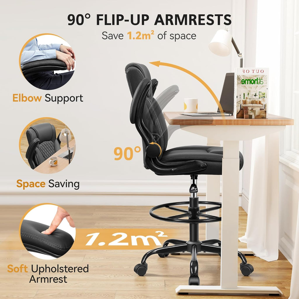 Drafting Chair, Tall Office Chair for Standing Desk, High Executive Leather Ergonomic Computer Chair with Adjustable Height and Flip-Up Armrest for Counter Height Desk, Black, Pack of 1