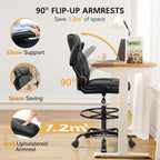 Drafting Chair, Tall Office Chair for Standing Desk, High Executive Leather Ergonomic Computer Chair with Adjustable Height and Flip-Up Armrest for Counter Height Desk, Black, Pack of 1