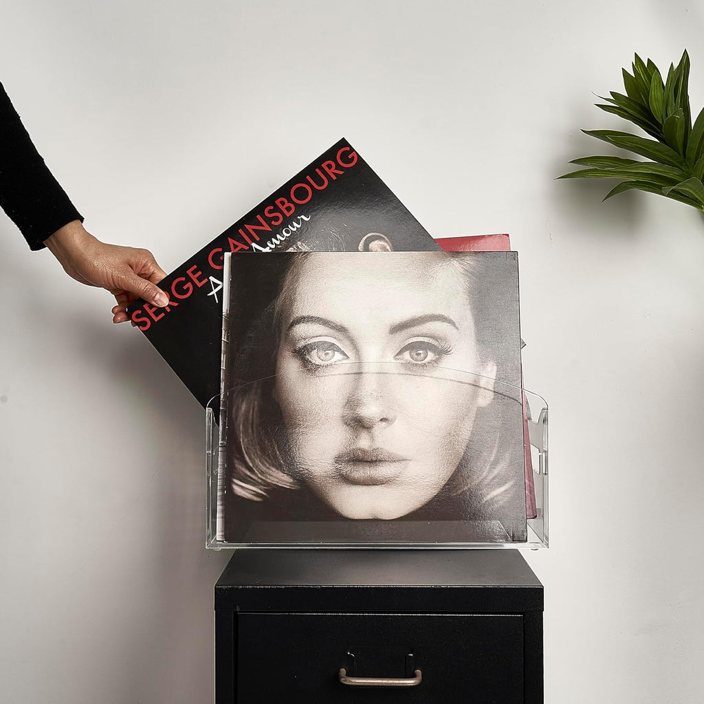 Acrylic Record Holder - Modern Vinyl Record Storage Box, LP Record Organizer, Clear Lucite Record Case with Handles, Album Record Display Bin, Holds up to 35-45 Records