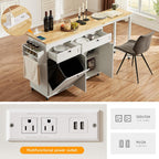 ONBRILL Kitchen Islands with Extendable Dining Table, 81.7" Mobile Kitchen Storage Islands, Rolling Kitchen Cart with Trash Cabinet, Power Outlet, Spice Rack & Towel Rack, White