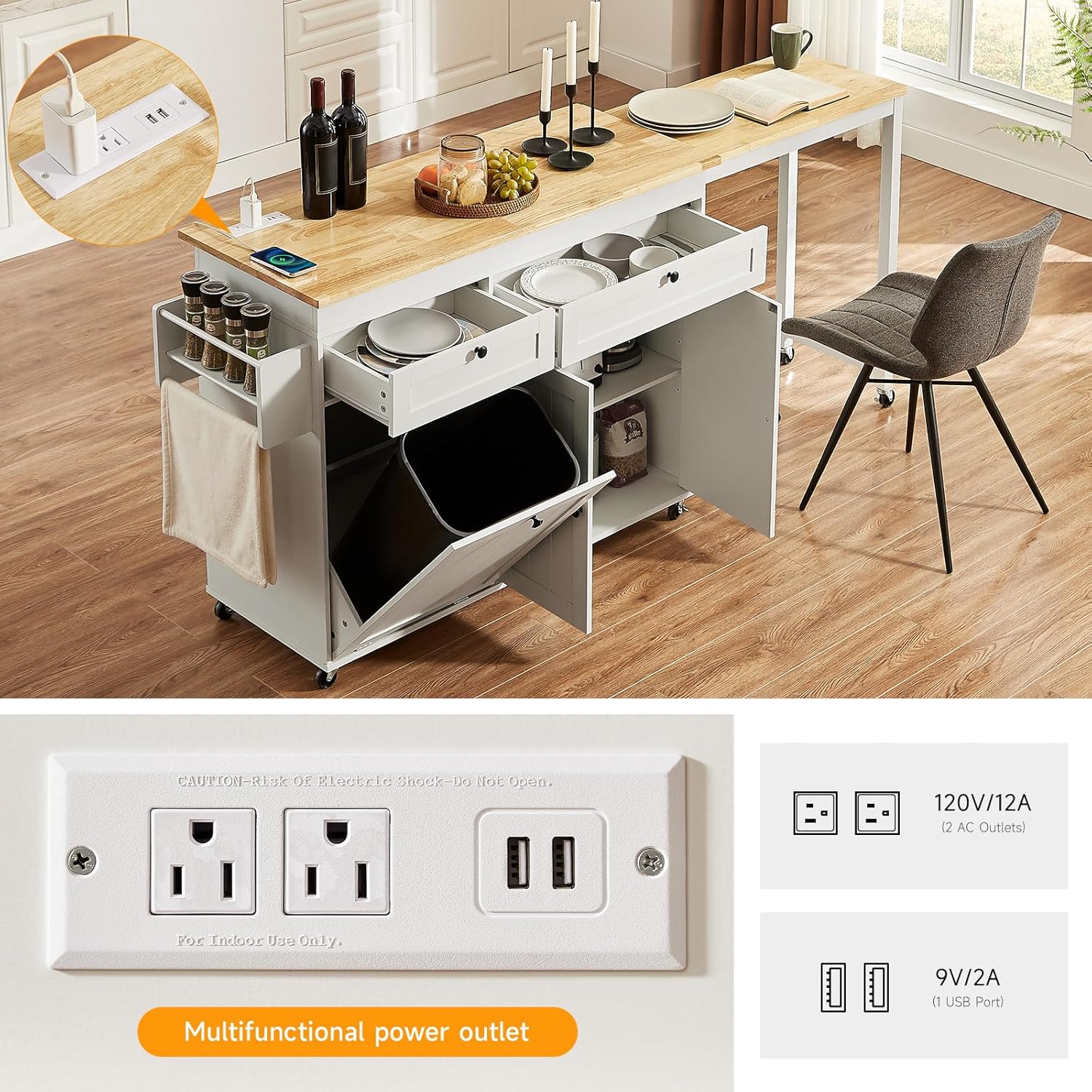 ONBRILL Kitchen Islands with Extendable Dining Table, 81.7" Mobile Kitchen Storage Islands, Rolling Kitchen Cart with Trash Cabinet, Power Outlet, Spice Rack & Towel Rack, White