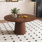 47" Round Dining Table for 4, Modern Farmhouse Kitchen Table with Wood Strip Base, Walnut Finish Circle Tables for Kitchen and Living Room Walnut