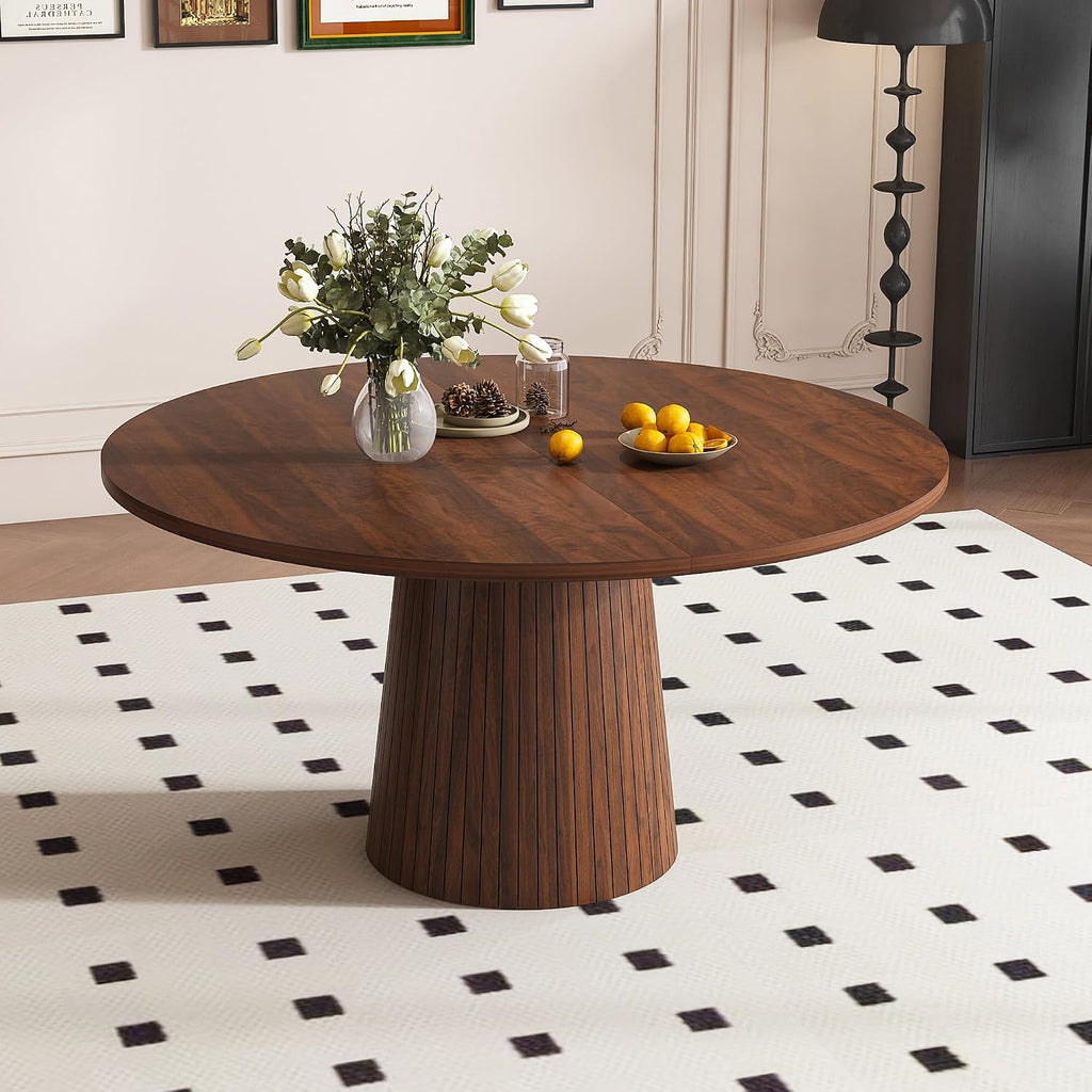 Round Dining Room Table, Farmhouse Kitchen Table with Wood Strip Base, 47.2“ Circle Table with Walnut Veneer Finish, Easy Assembly