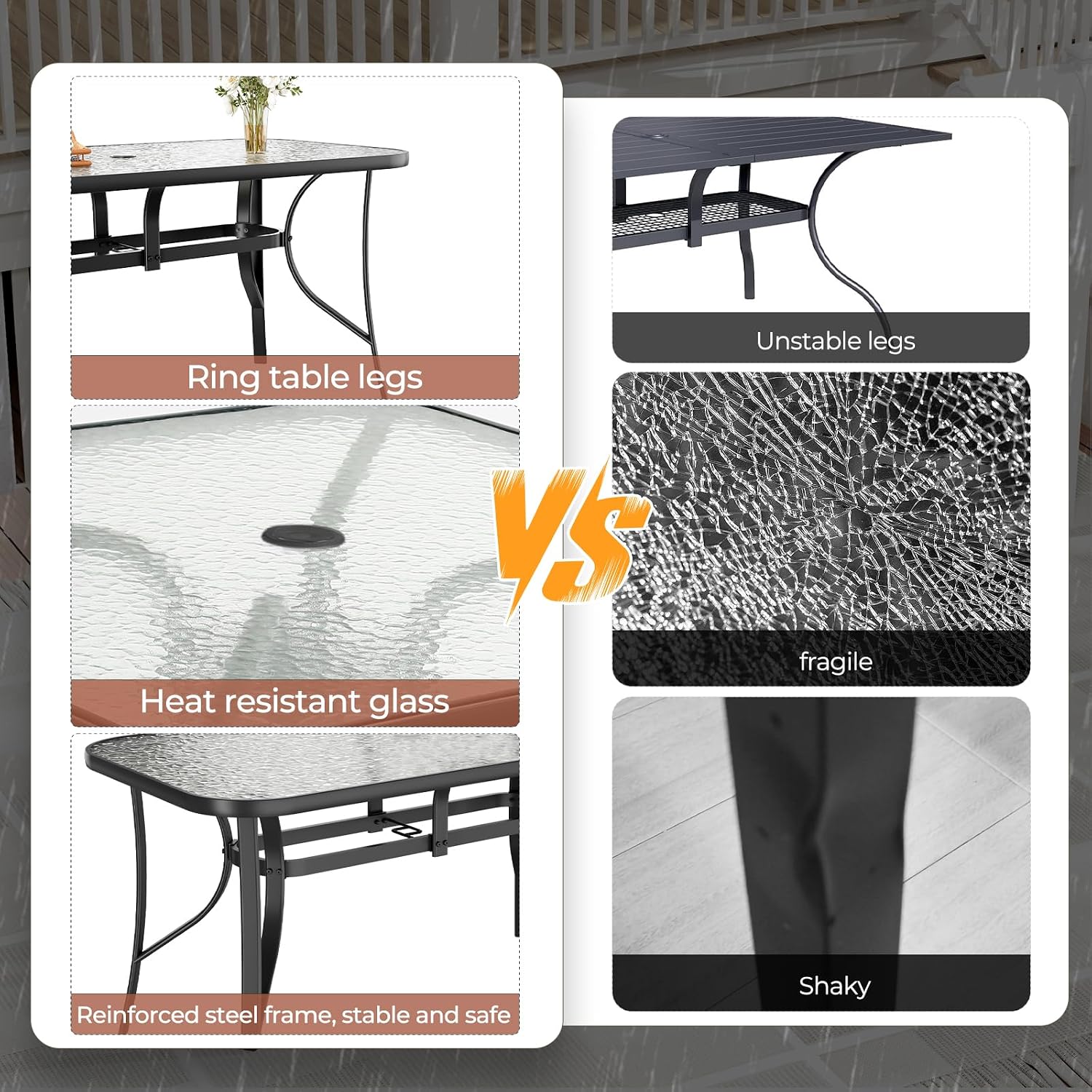 TLSUNNY Patio Outdoor Table W/ 1.69″ Umbrella Hole, 30"X 55" Rectangular Tempered Glass Patio Dining Table for 6, Outdoor Metal Furniture, All-Weather Use, for Patio, Graden, Backyard (Black)