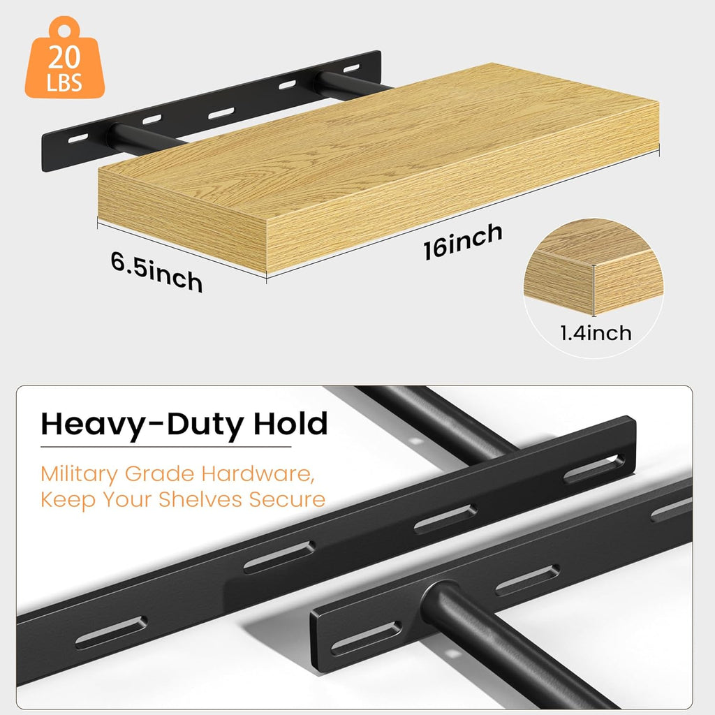 Fun Memories Floating Shelves for Wall 16 Inch, Set of 2 – Wall-Mounted Storage & Display Shelf with Invisible Bracket, Oak Floating Shelves for Living Room, Bedroom, Bathroom, Kitchen