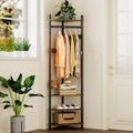 Corner Hall Tree with Shoe Rack and 6 Movable Metal Hooks, Floor Standing Entryway Coat Rack Organizer for Home, Office, or Bedroom – Rustic Brown
