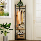 Corner Hall Tree with Shoe Rack and 6 Movable Metal Hooks, Floor Standing Entryway Coat Rack Organizer for Home, Office, or Bedroom – Rustic Brown