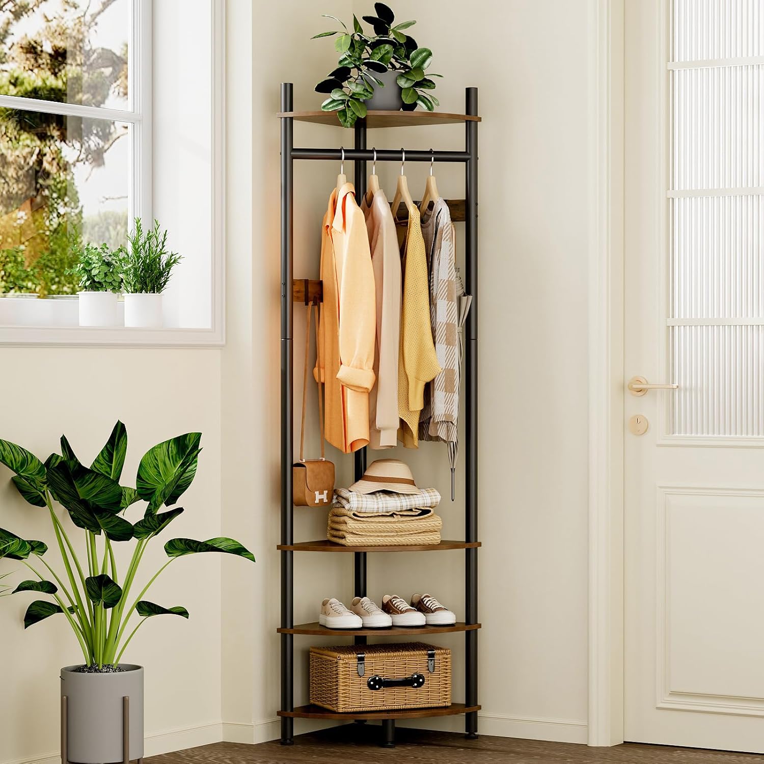 Corner Hall Tree with Shoe Rack and 6 Movable Metal Hooks, Floor Standing Entryway Coat Rack Organizer for Home, Office, or Bedroom – Rustic Brown