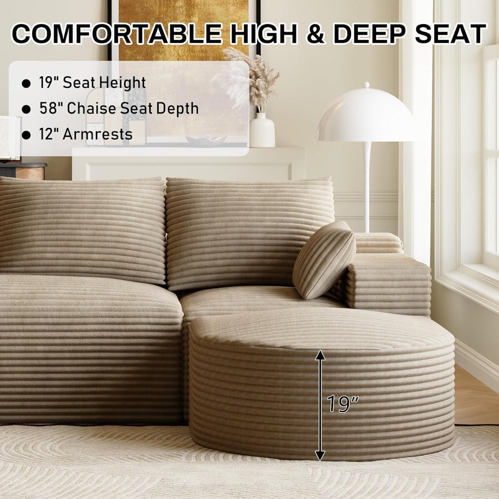 108" U-Shaped Boneless Couches for Living Room,Comfy Fluffy Cloud Sectional Couch with Curved Ottoman, Modern Plush Corduroy Deep Seat Modular Sectional Sofa for Small Spaces, Light Brown
