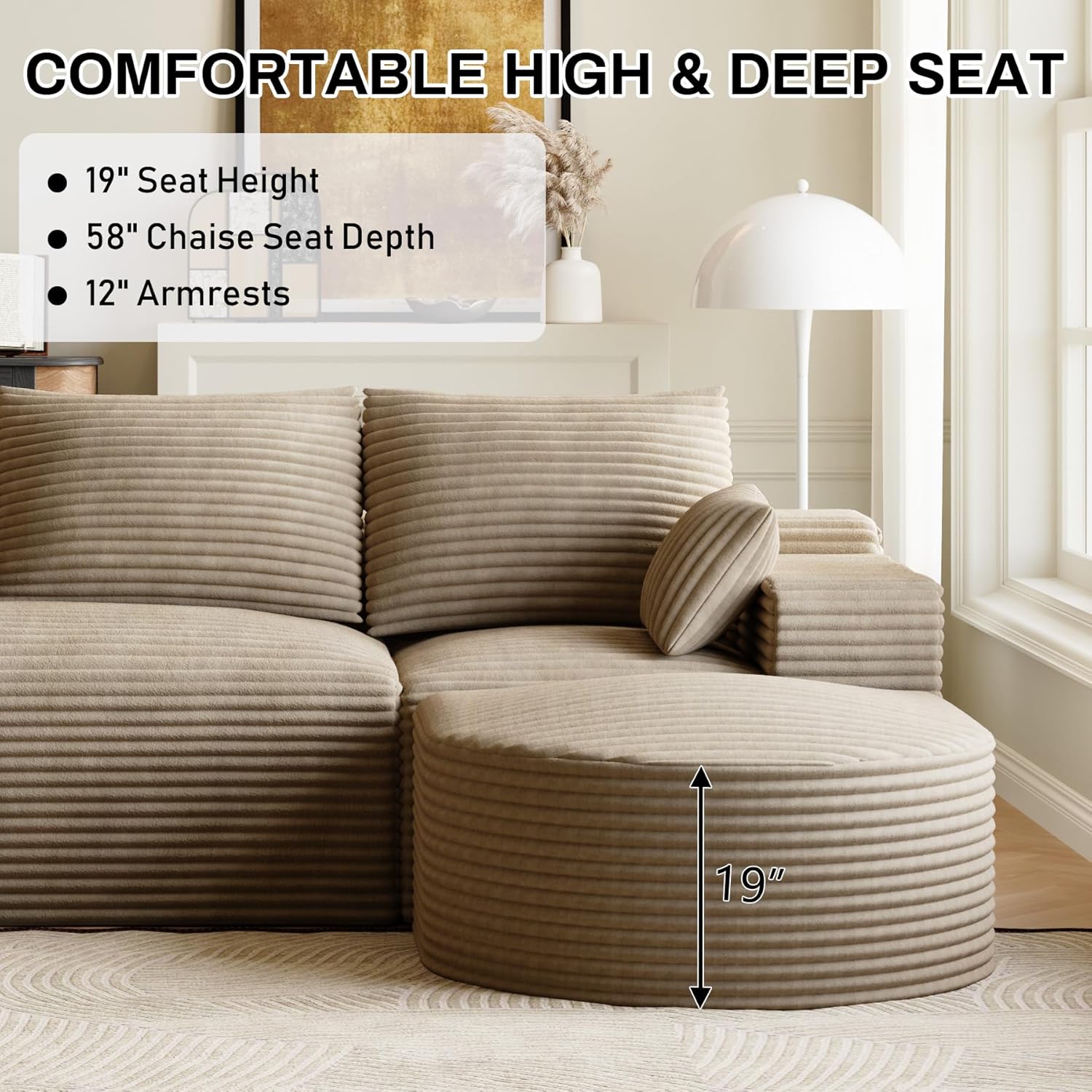 108" U-Shaped Boneless Couches for Living Room,Comfy Fluffy Cloud Sectional Couch with Curved Ottoman, Modern Plush Corduroy Deep Seat Modular Sectional Sofa for Small Spaces, Light Brown