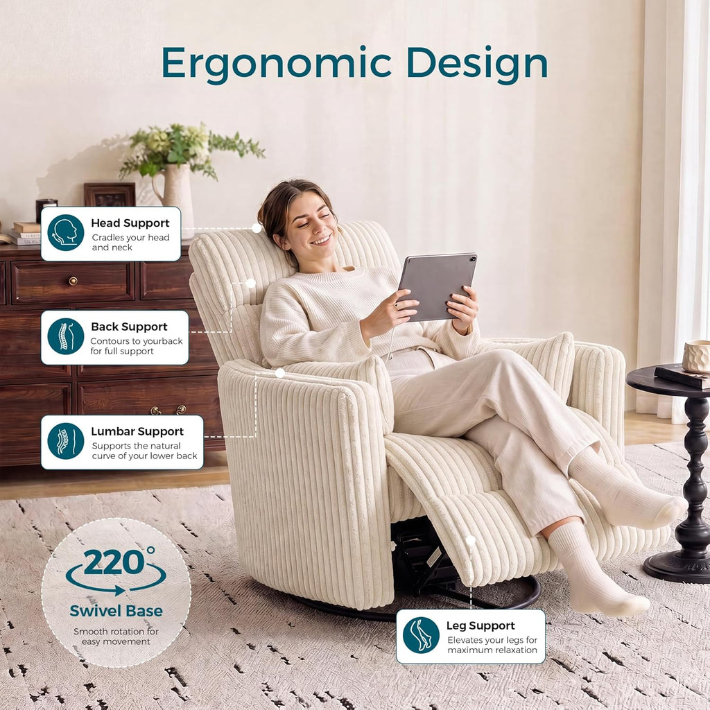 LINSY 220° Swivel Electric Power Recliner Chair, Corduroy Nursing Rocker with USB & Type-C, High Back Adult Comfort Chair with 2 Pillows, Space-Saving for Nursery, Bedroom, Living Room（Beige）