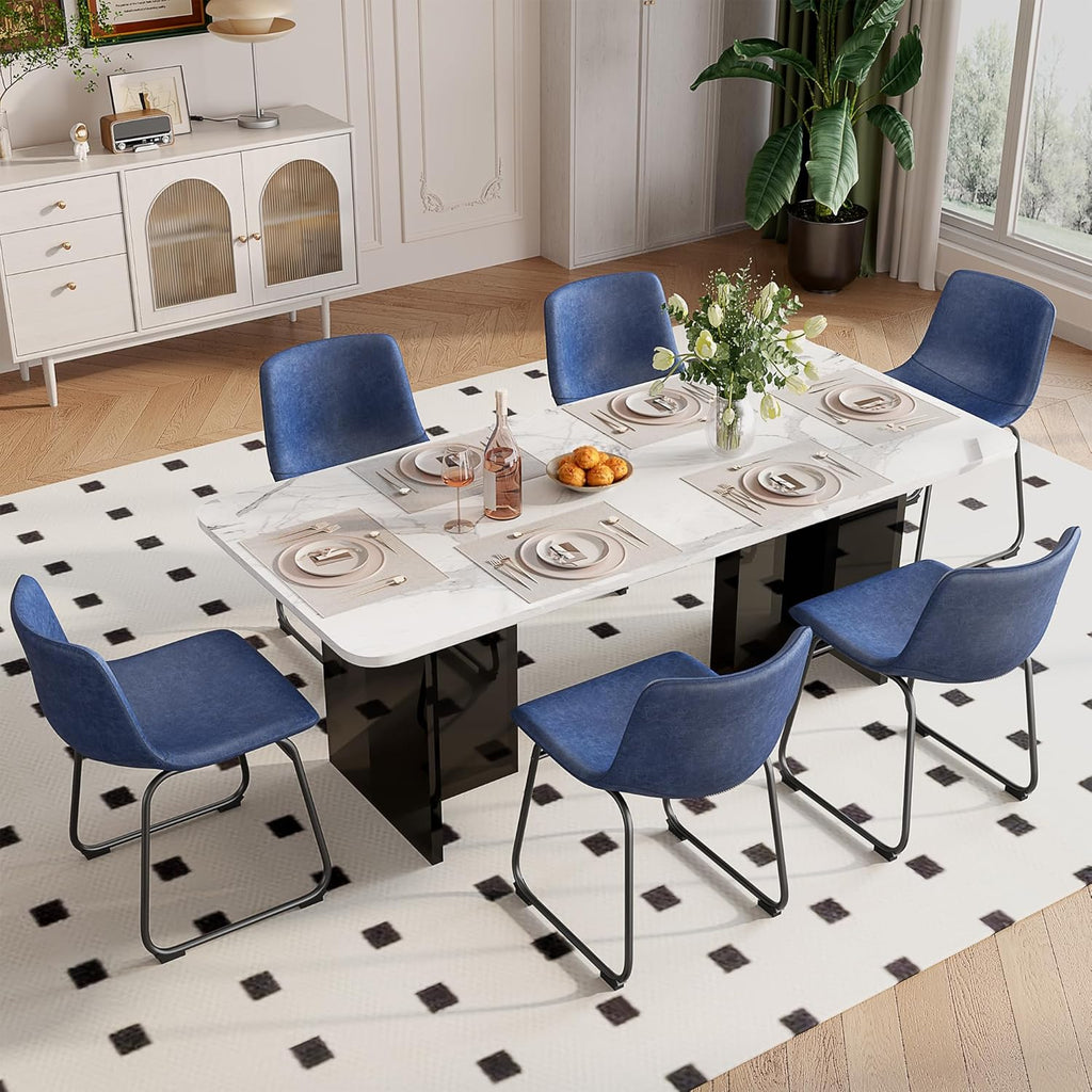 REONEY Dining Chairs Set of 2, PU Leather Armless Dinner Chairs with Backrest, 18" Modern Kitchen Dining Room Chair with Metal Legs for Home (Navy)