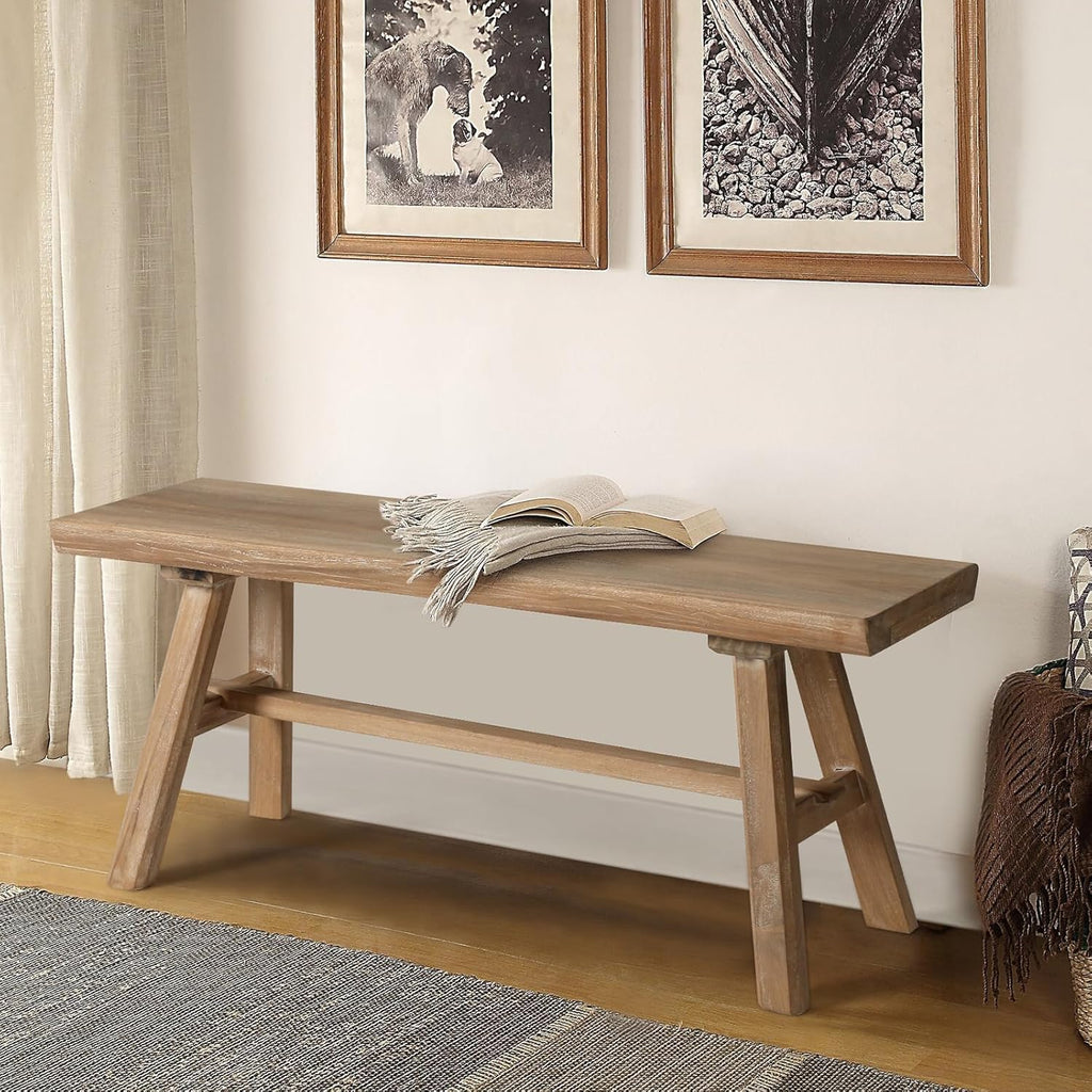 Wnutrees 39" Farmhouse Wood Bench, Rustic Solid Wood Dining Room & Entryway Bench Seat for Indoors, Easy Assembly, Natural
