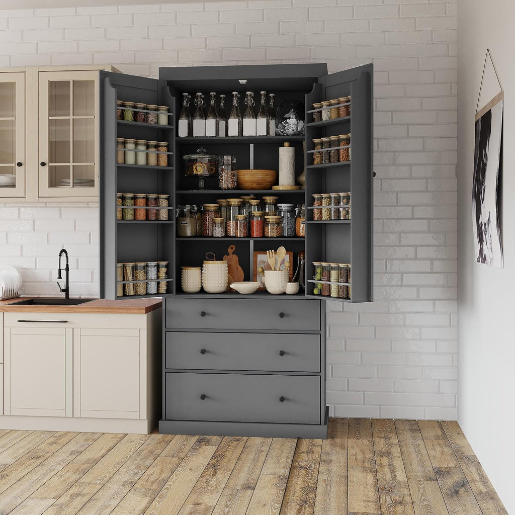77inch Farmhouse Kitchen Pantry, Freestanding Large Cupboard Storage Cabinet with 3 Drawers, Kitchen Pantry Sideboard, with 8 Door Shelves & 3 Adjustable Shelves, Gray