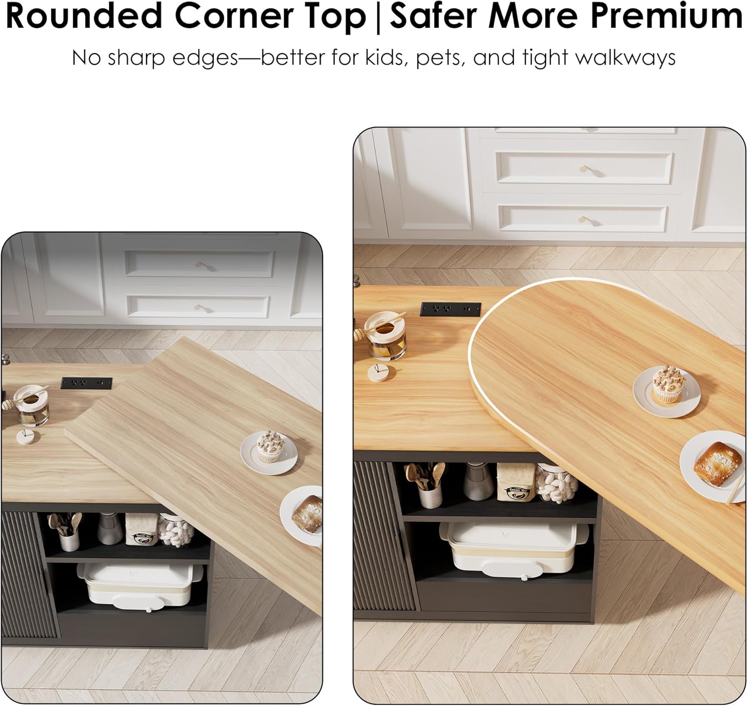 66'' Rolling Kitchen Island with 360° Swivel Tabletop Mobile Kitchen Island with Power Outlet Rotating Kitchen Islands with Storage Cabinets Wood Kitchen Island Table for Kitchen, Bar, Dining Room