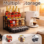 kimilus Coffee Syrup Rack Organizer, 4-Tier 12 Bottle Syrup Rack with 35 K Cup Drawer for Coffee Bar, Countertop Bottle Holder Stand for Dressing for Kitchen Cafe Station
