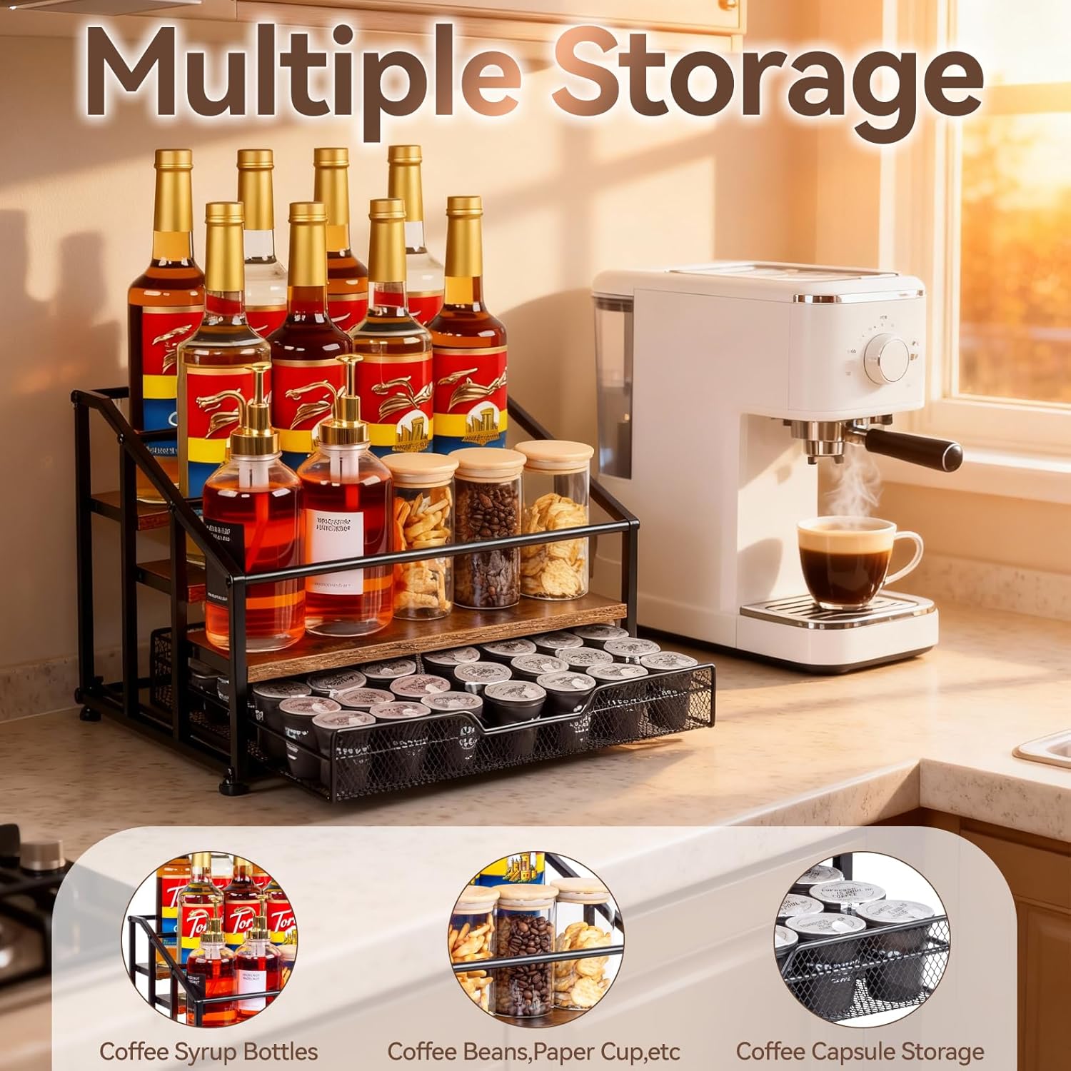 kimilus Coffee Syrup Rack Organizer, 4-Tier 12 Bottle Syrup Rack with 35 K Cup Drawer for Coffee Bar, Countertop Bottle Holder Stand for Dressing for Kitchen Cafe Station