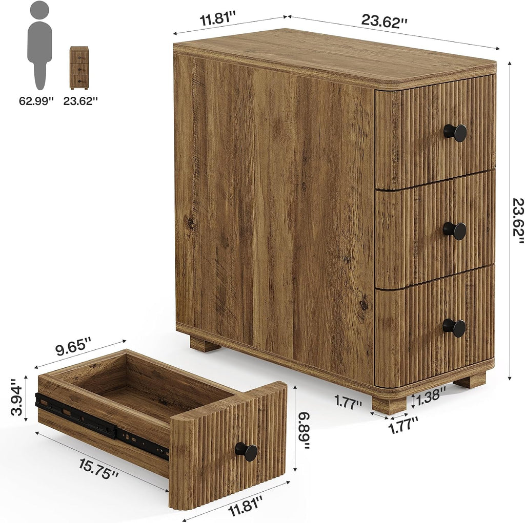 Tribesigns End Table with 3 Drawers, Farmhouse Fluted Narrow Side Table, Wood Slim Sofa Side Table for Small Spaces, Rustic Nightstand with Storage for Living Room Bedroom