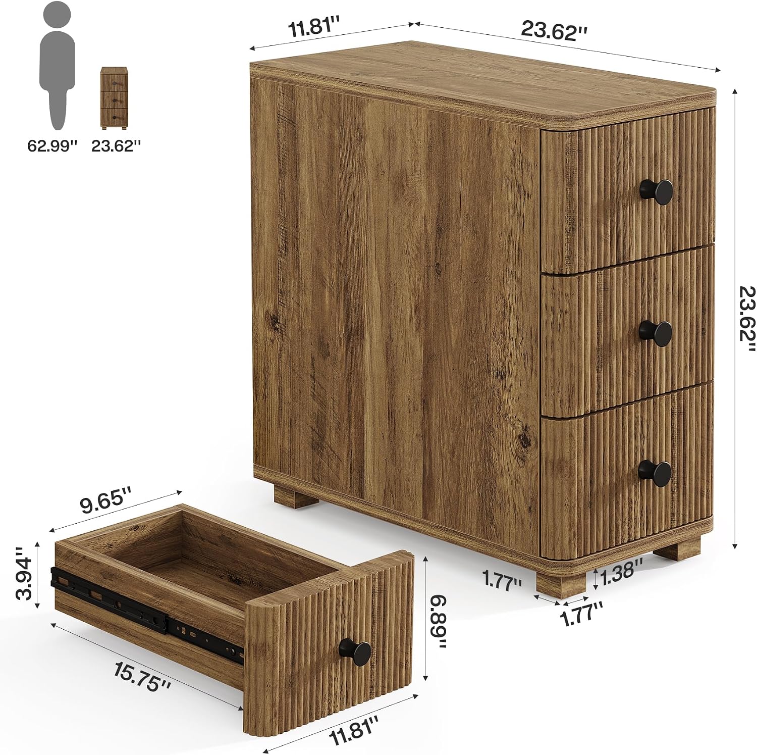 Tribesigns End Table with 3 Drawers, Farmhouse Fluted Narrow Side Table, Wood Slim Sofa Side Table for Small Spaces, Rustic Nightstand with Storage for Living Room Bedroom