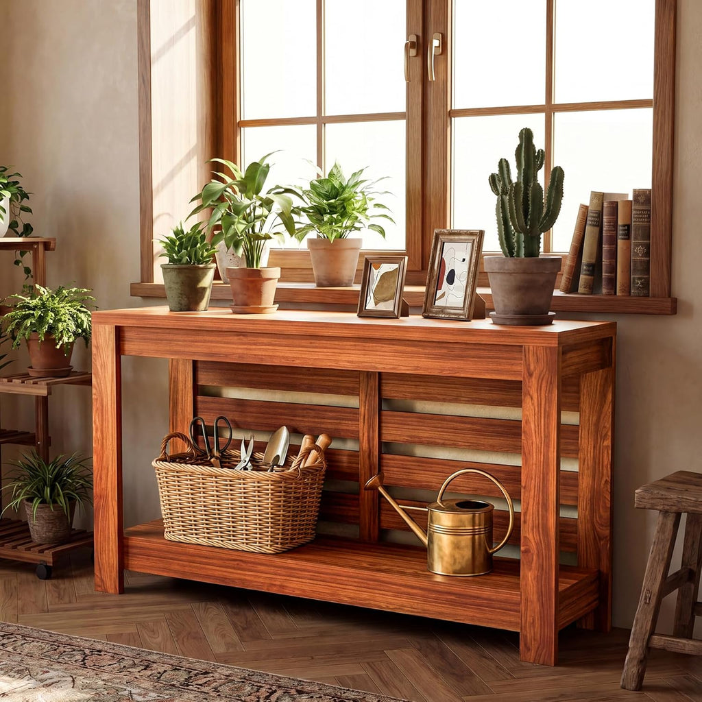Bigbiglife 63 Inch Grille Console Table, Rustic Farmhouse Wood Sofa Table with 2-Tier Storage Shelf, Narrow Entryway Table with Anti-Tip Design, Accent Table for Living Room, Hallway, Foyer, Brown