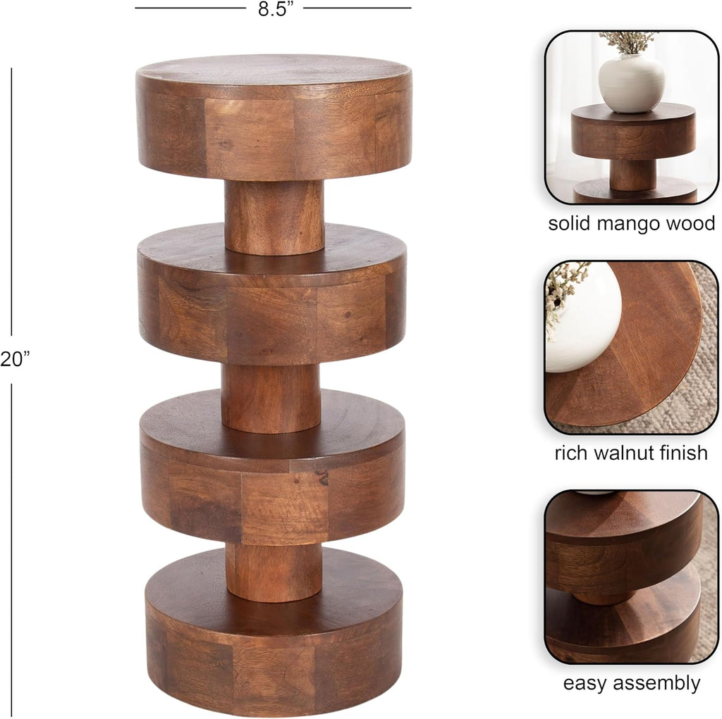 Kate and Laurel Omar Modern Wooden Round Drink Table, 9 x 9 x 20, Walnut Brown, Geometric Floating Disks Circle Mini Table for Use as Small Bedroom Night Stand or Indoor Plant Stand