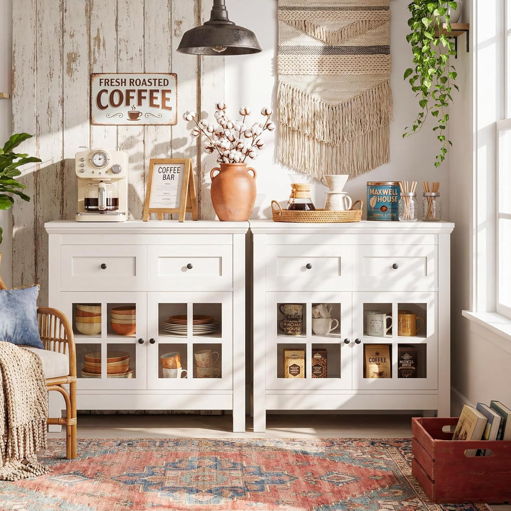 36” Buffet Cabinet Sideboard, Coffee Bar Storage Cabinet with Drawers and Display Glass Doors, Farmhouse Kitchen Credenza with Adjustable Shelves for Kitchen, Living Room, Vintage White