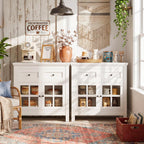 36” Buffet Cabinet Sideboard, Coffee Bar Storage Cabinet with Drawers and Display Glass Doors, Farmhouse Kitchen Credenza with Adjustable Shelves for Kitchen, Living Room, Vintage White