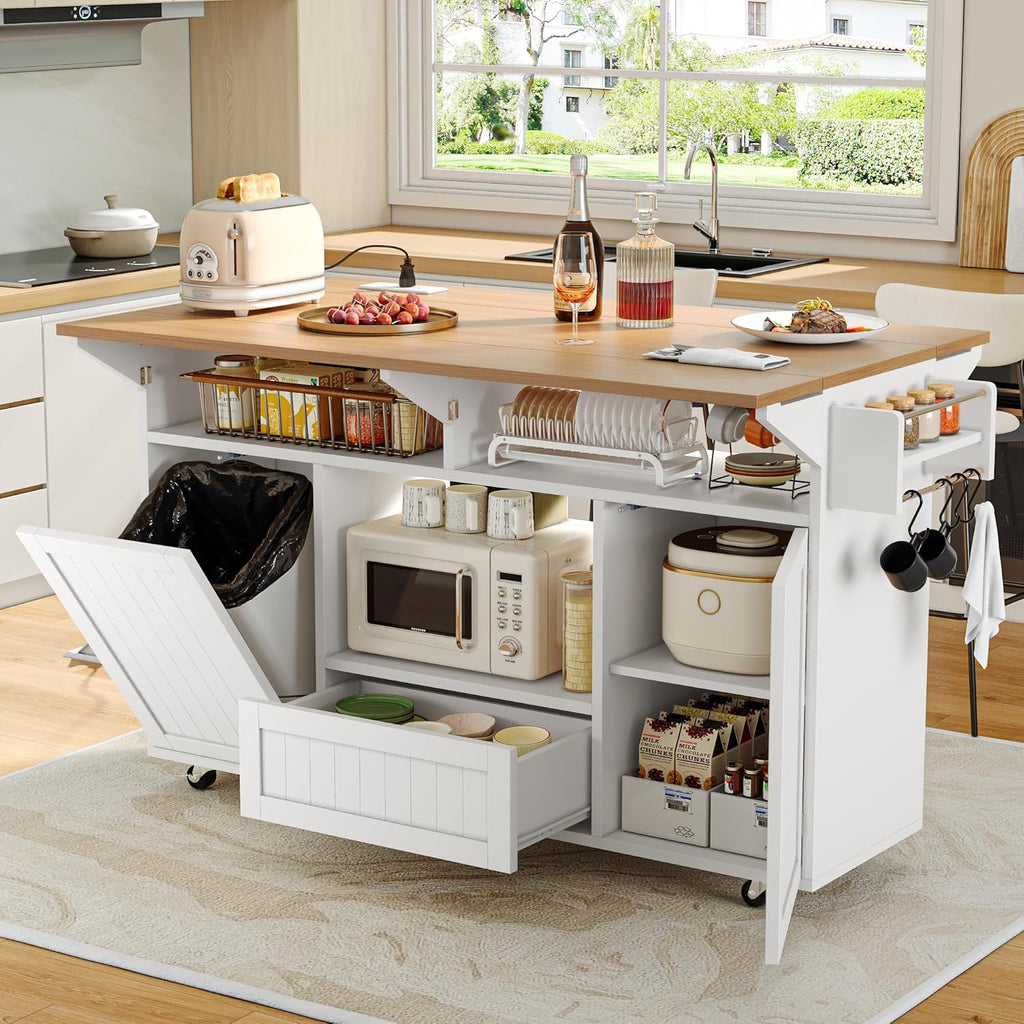 Einhomn 65" Kitchen Island with Power Outlet & Drop Leaf, Island Table for Kitchen with Trash Can Storage, Mobile Rolling Kitchen Islands on Wheels with Spice Rack, Towel Rack & 4 Side Hooks, White