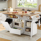 Einhomn 65" Kitchen Island with Power Outlet & Drop Leaf, Island Table for Kitchen with Trash Can Storage, Mobile Rolling Kitchen Islands on Wheels with Spice Rack, Towel Rack & 4 Side Hooks, White