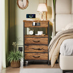 Furnulem Night Stand with Charging Station, 3 Fabric Drawers Bedside Table | Rustic Brown Dorm Nightstand For Bedroom, 28.3 Inch Tall, Usb Ports & Outlets, Side Table with Storage Shelf, 3 Ways to Use