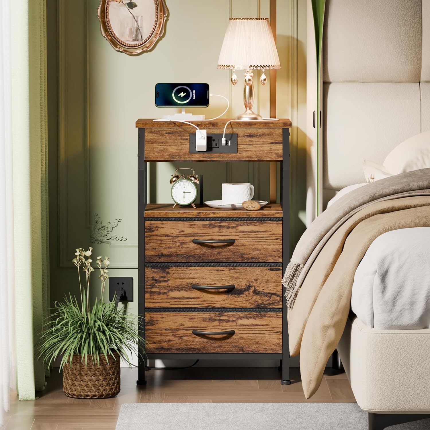 Furnulem Night Stand with Charging Station, 3 Fabric Drawers Bedside Table | Rustic Brown Dorm Nightstand For Bedroom, 28.3 Inch Tall, Usb Ports & Outlets, Side Table with Storage Shelf, 3 Ways to Use