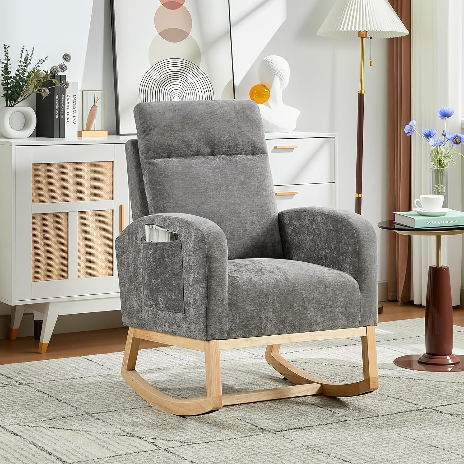 Rocking Chair Nursery, Modern Upholstered Glider Rocker Side Pocket, High Backrest Padded Seat Accent Armchair for Living Room, Nursery, Bedroom