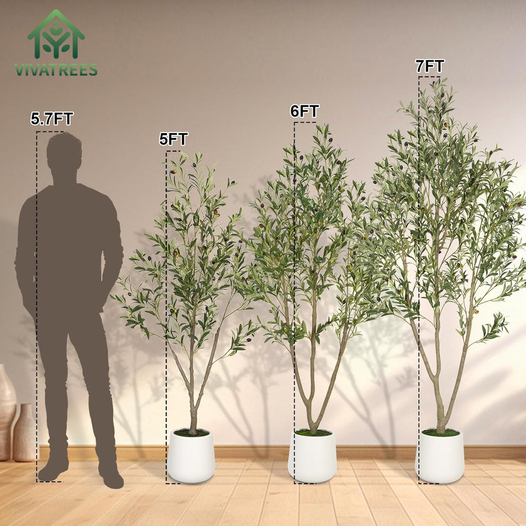 VIVATREES Olive Trees Artificial Indoor, 6FT Tall Faux Olive Tree with White Tall Planter, Artificial Plants with Natural Wood Trunk and Lifelike Fruits for Home Office Decor