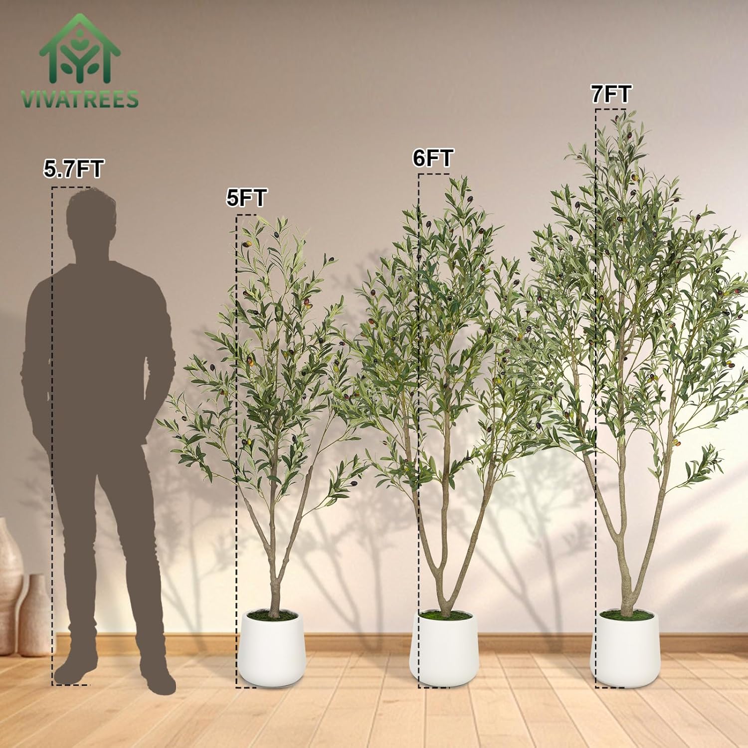 VIVATREES Olive Trees Artificial Indoor, 6FT Tall Faux Olive Tree with White Tall Planter, Artificial Plants with Natural Wood Trunk and Lifelike Fruits for Home Office Decor