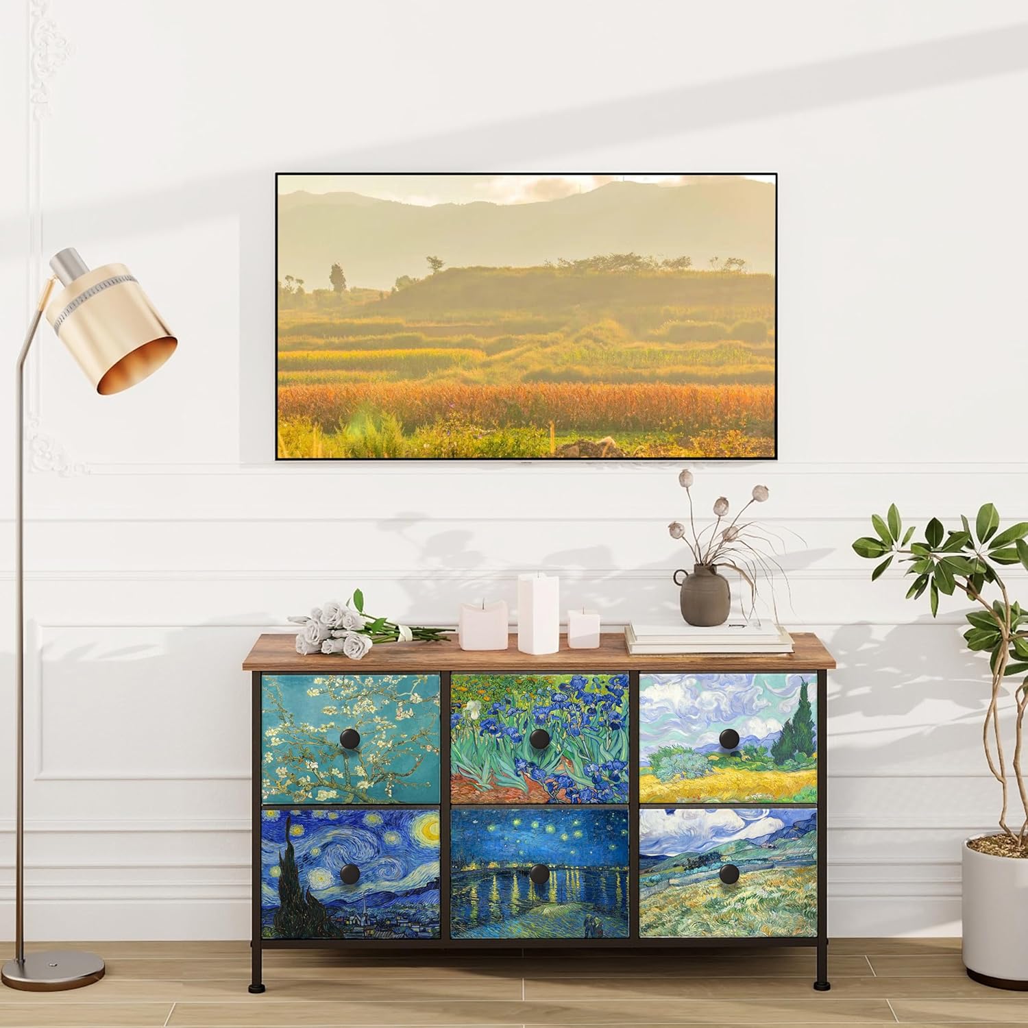 EXOTICA 6 Drawer Dresser for Bedroom Van Gogh Chest of Drawers Wide TV Stands Fabric Storage Drawer Unit for Living Room Entryway Closet Sturdy Steel Frame Wood Top