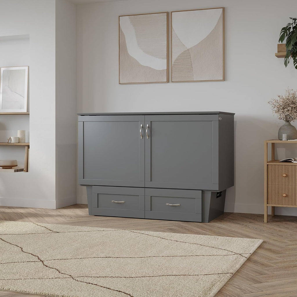 AFI, Monroe Full Murphy Bed Chest with 6" Mattress, Storage Drawer & Built-in USB Charger, Grey