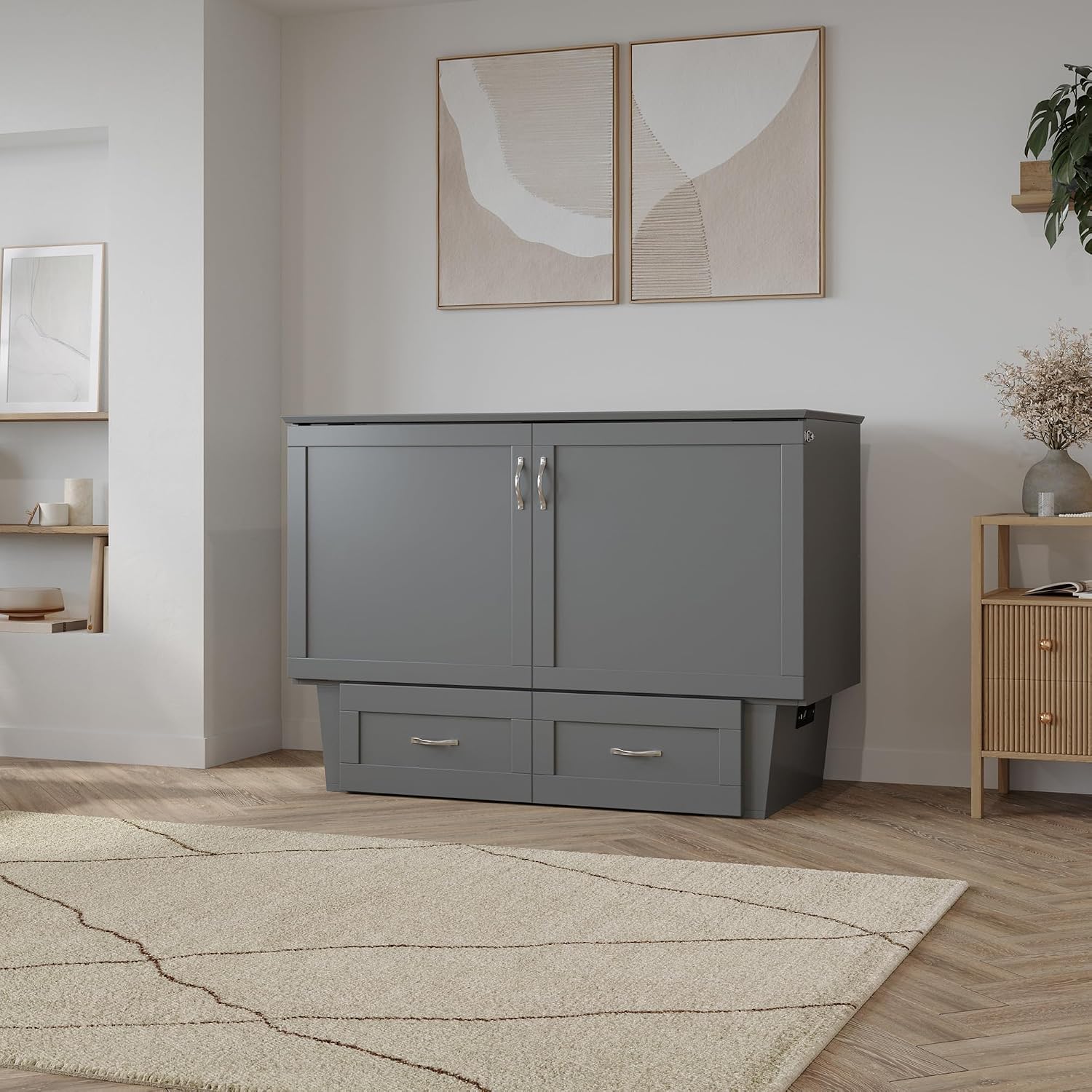 AFI, Monroe Full Murphy Bed Chest with 6" Mattress, Storage Drawer & Built-in USB Charger, Grey
