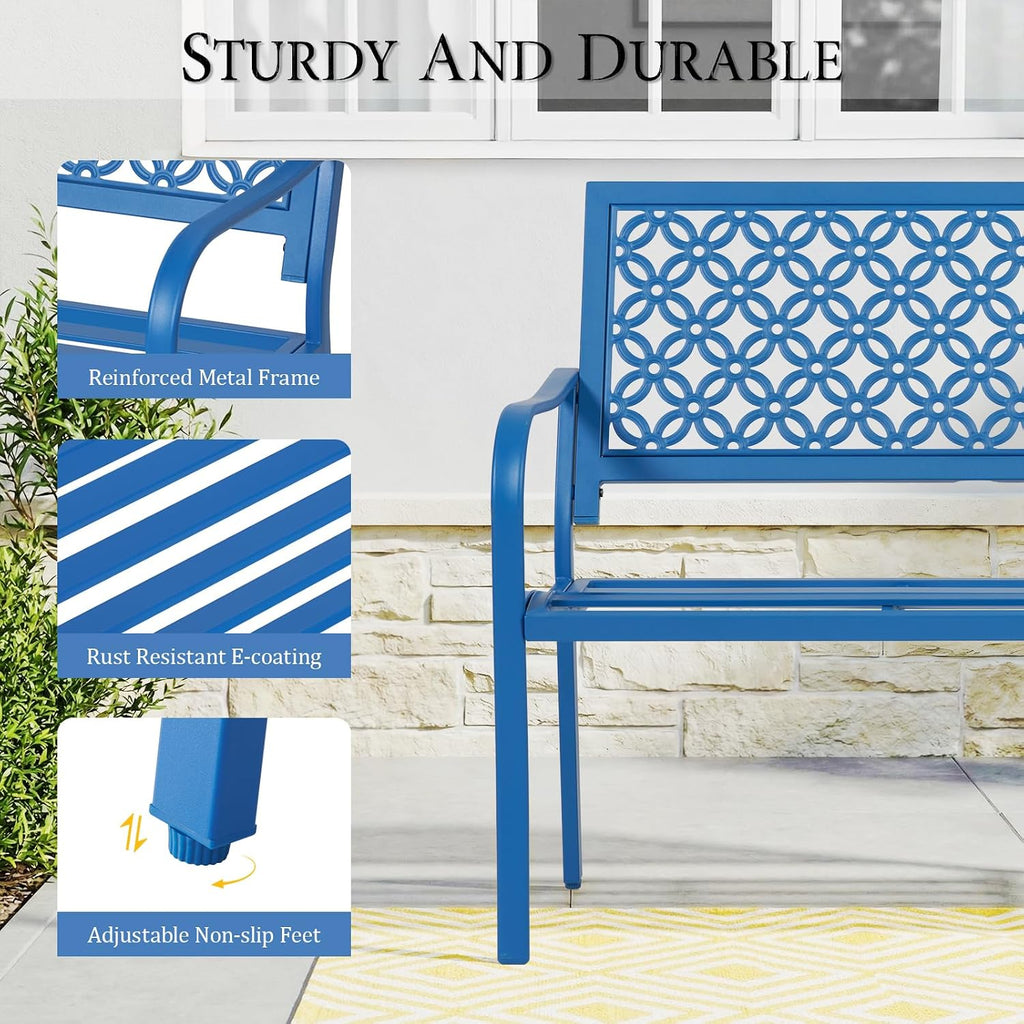 ONBRILL 50" Outdoor Bench Weatherproof, 700 lbs Capacity Heavy Duty Garden Benches with Galvanized Metal Frame, Patio Bench with Floral Backrest, Patio Furniture for Porch, Park, Yard, Entryway, Blue